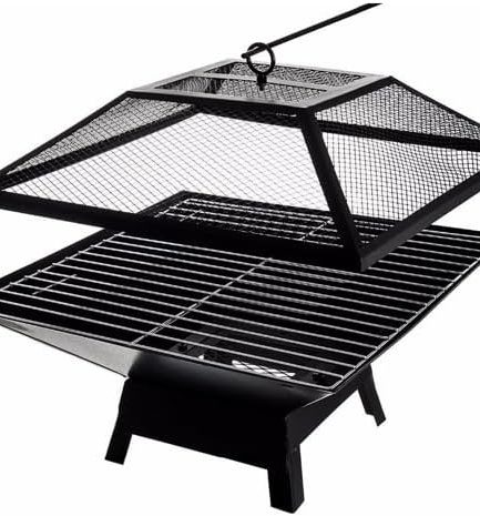 19in Outdoor Fire Pits Outside Wood Burning Firepit Square Metal Fireplace Table Fire Bowl with Grill,Screen and Poker for Camping Bonfire Backyard BBQ