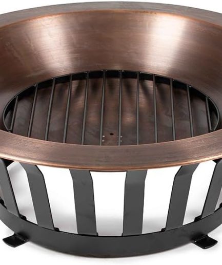 Copper Outdoor Fire Pit with Solid Steel Base, Grate and Fire Iron Tool Included, Perfect for Backyard Fires and Gatherings
