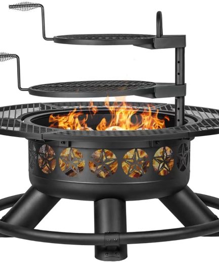 47 Inch Outdoor Fire Pit with 2 Grills, Extra Large BBQ Firepits for Outside, Metal Round Fire pits with Lid&Fire Poker,3 in 1 Wood Burning Outdoor Fireplaces for Backyard,Patio,Bonfire