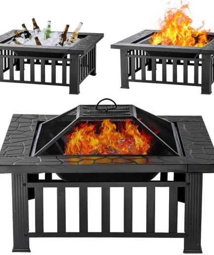 Fire Pit Table 32 Inch Square Metal Stove for Patio, Backyard, Garden | Multifunctional Outdoor Fireplace for Camping, Heating, Bonfire & Picnic
