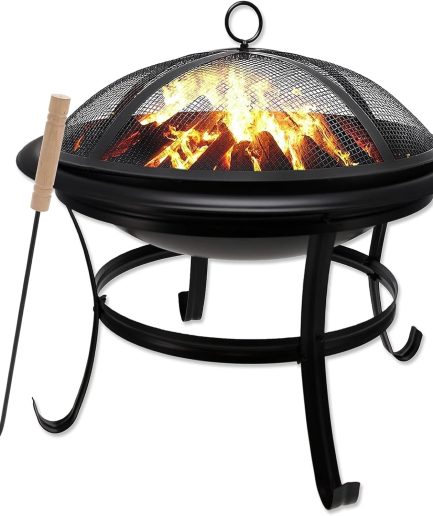 22 in Outdoor– Wood Burning Fire Pit with Mesh Lid and Fire Picker – Durable Alloy Steel Fire Pits for Outside – Small Fire Pit for Backyard, Porch, Deck, Camping, BBQ