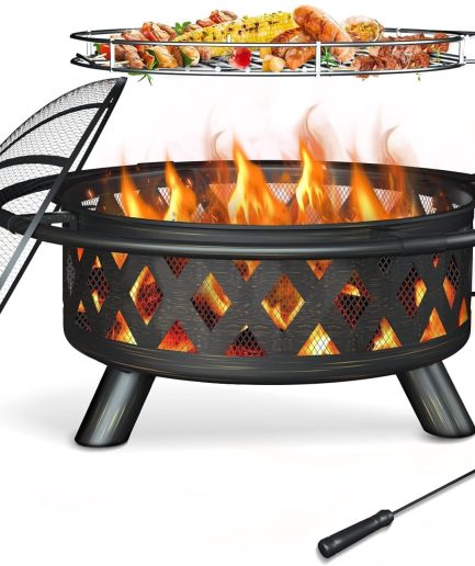 Outdoor Fire Pit, 30 Inch Large Outdoor Wood Burning Fire Pits, Patio Backyard Firepit with Steel BBQ Grill Cooking Grate, Spark Screen & Poker for Garden, Bonfire, Camping, Picnic