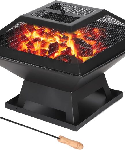 Small Fire Pit for Outside Wood Burning,Fire Bowls with Firproof Mat, Backyard Black Square Ourdoor Bonfire Pit with Waterproof Cover for Outside Patio Camping (Black, 22 INCH)