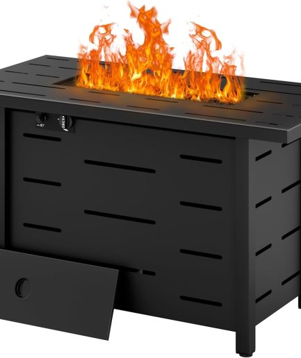 43 inch Outdoor Propane Fire Pit 50,000 Gas Fire Pit Table with Lid, Waterproof Cover, Rectangle Gas Firepit Table for Garden/Patio