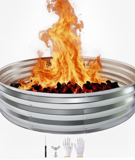 5FT Galvanized Steel Fire Pit Ring, 60 Inch Durable Round Bonfire Pit for Outdoor Wood Burning, Backyard, Patio, Camping & Beach(Silver 5x5x1 FT)