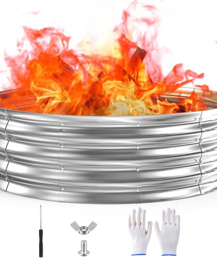 60 Inch Fire Pit Ring 5FT Galvanized Steel, 12" Raised Heavy Duty Wood Burning Fire Pits&Outdoor Fireplace, Heat Resistant Campfire Ring with Spark Guard, for Outdoor Backyard, Patio & Camping Use