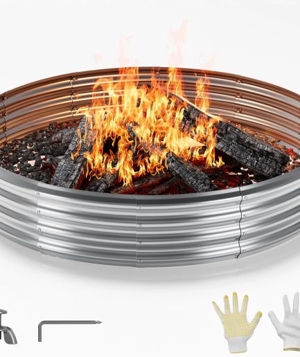 Outdoor Fire Pit Galvanized Fire Pit Ring, Foldable Outdoor/Camping/Gatherings 5 FT Diameter Fire Pit for Yard/Garden/Park/Beach, 60 Inches Fire Ring Pit, Silver