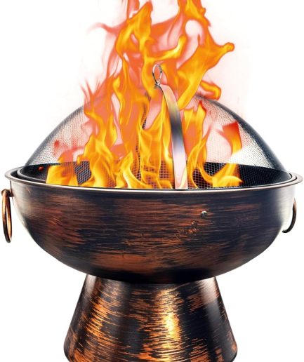 22 in Round Outdoor Fire Pit - Wood Burning With Mesh Lid and Fire Picker - Durable Alloy Steel for Outside - Small for Backyard, Porch, Deck, Camping, BBQ