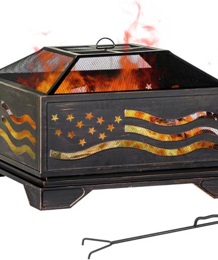 32Inch Square-Shaped Fire Pit,Outdoor Fire Pits with Spark Screen&Poker,Metal Square Wood Burning Firepits for Outside,Backyard,Bonfire,Patio,Party,Garden,Picnic and Camping(Antique Bronze)