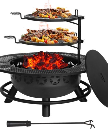 35 Inch Fire Pit with 2 Cooking Grate & Charcoal Pan, Outdoor Wood Burning BBQ Grill Firepit Bowl with Cover Lid, Steel Round Table for Backyard Bonfire Patio Picnic