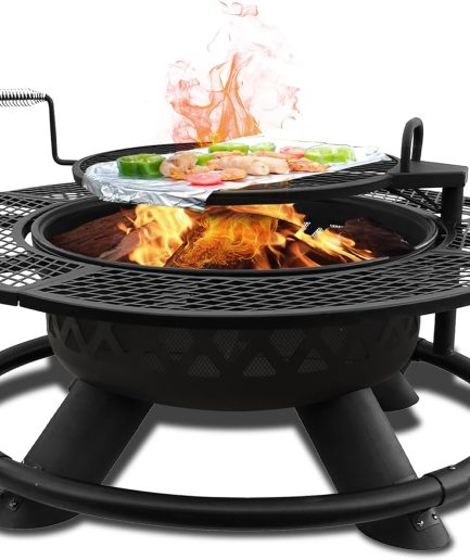 Red Mountain Valley 47" Outdoor Fire Pit with Adjustable Grill, 2-in-1 Outdoor Large Wood Burning Firepit Bowl, Bonfire Patio Fire Pits with Cooking grates, Metal Round Table for Backyard