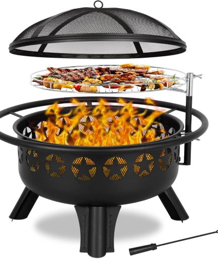 2 in 1 Fire Pit with Grill, Large 31" Wood Burning Fire Pit with Swivel Cooking Grate Outdoor Firepit for Backyard Bonfire Patio Outside Picnic BBQ, with Spark Cover, Fire Poker