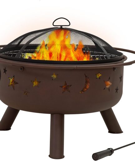 30-Inch Patio Fire Pit for Outside - Outdoor Wood-Burning Fire Pit with Grill Grate, Spark Screen, and Fireplace Poker