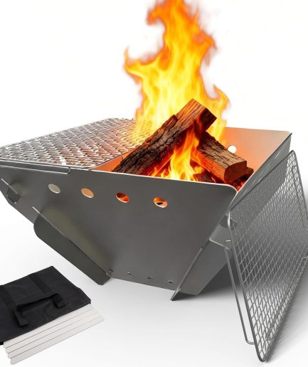 Stainless Steel Fire Pit for Camping, Collapsible Fire Pit for Outdoor Use, 2-4 Person Portable Firepit, Tool-Free Assembly, Patio, Bonfire, Picnic and BBQ with Grill Net & Canvas Storage Bag