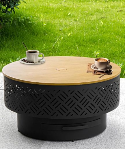 26" Wood Burning Fire Pits with Grill & Lid, Fire Pit Table for Outside with Waterproof Cover & Fire Poker, Outdoor Firepit with Functions for BBQ,Table and Bonfire