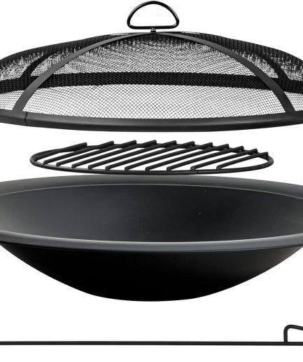 35 inch Steel Fire Pit Bowl for DIY or Replacement Existing Fire Pits, Wood Burning Fire Pit Bowl with Spark Screen &Fire Poker, Fireplace for Backyard, Porch, Deck, Camping, BBQ(Smooth)