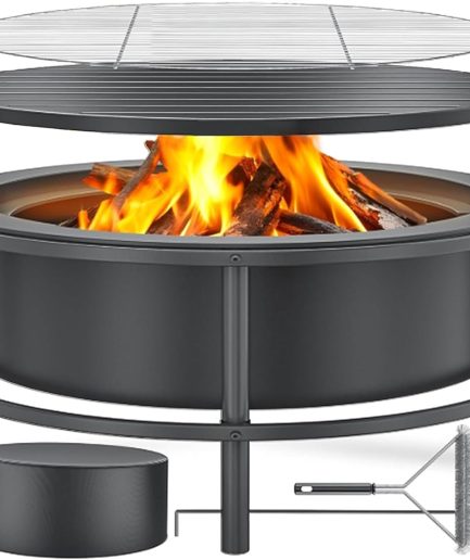 Fire Pits for Outside Wood Burning, Large Outdoor Fire Pit Stove with Roating Table and BBQ Grill, Cold Finished Steel Round Firepit Bowl with Poker, Waterproof Cover, Grill Brush