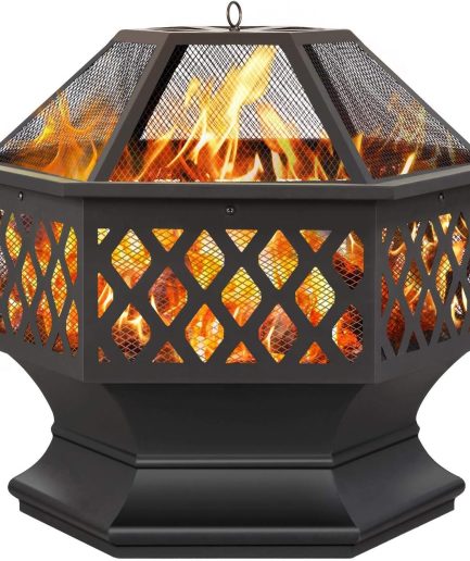 Fire Pit Fire Pits for Outside 24in Hex Shaped Firepit Bowl with Spark Screen & Poker for Patio Backyard Garden Picnic Bonfire Camping