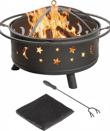 Fire Pit - 32-Inch Outdoor Wood Burning Firepit with Screen, Poker, and Cover - Outdoor Fire Pits for Backyard, Deck, or Patio by (Black)