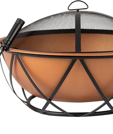 Fire Pit Copper-Look Wood Burning Lightweight Portable Outdoor Firepit Backyard Fireplace Camping Bonfire Included Screen Lift Tool & Cooking Grate - Round - 26"