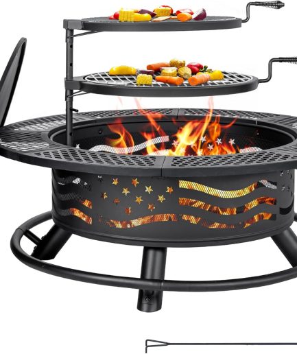 42 Inch Fire Pit with 2 Cooking Grates, Outdoor Wood Burning BBQ Grill Firepit Bowl with Cover Lid, Steel Round Table for Backyard Bonfire Patio Picnic (Black, 42)