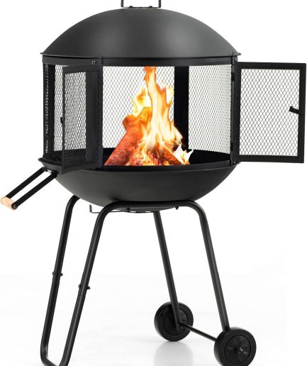 Portable Fire Pit on Wheels, 27” Outdoor Wood Burning Firepit Cage w/Spark Screen Cover, Log Grate, Fire Poker, Steel Patio Firepit w/BBQ Grill for