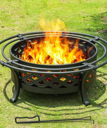 42 Inch Outdoor Fire Pit with 2 Loops,Crossweave Wood Burning Fire Pits for Outside,with Spark Screen,Fire Poker