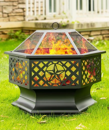 28 Inch Hex-Shaped Fire Pit,Wood Burning Fire Pits for Outside with Spark Screen&Poker,Metal Hexagon Outdoor Firepit for Backyard,Bonfire,Patio,Party,Garden,Picnic and Camping(28'' Black)