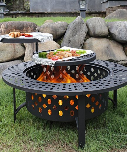 36 Inch Fire Pit with 2 Grills, Wood Burning Fire Pits for Outside with Lid, Poker and Round Waterproof Cover, BBQ& Outdoor Firepit & Round Metal Table 3 in 1 for Patio, Picnic, Party
