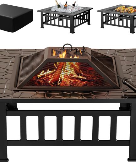 Outdoor Fire Pit, 32 Inch Firepit Table Metal Outdoor Fireplaces with Waterproof Cover for Outside Patio Camping (Black)