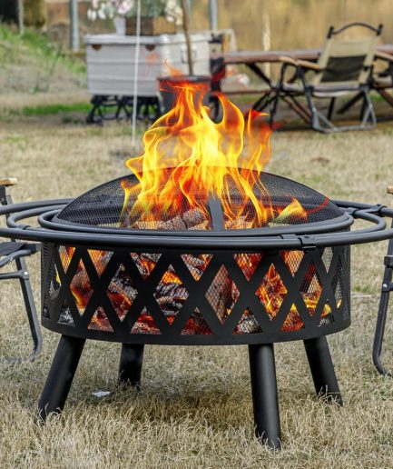 36 Inch Wood Burning Fire Pit with 2 Loops, Outdoor Fire Pit with Spark Screen & Fire Poker, Cross Weave Firepit for Outside Fireplace Bonfire for Yard,Patio, Garden