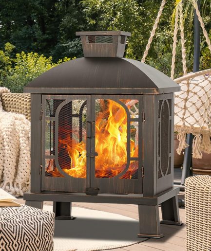 45" H×31''W Metal Fire Pit with Grill, Wood Burning Fire Pits for Outside,Square Fireplace with Mesh Spark Screen Door& Fire Poker for Garden,Yard,BBQ,Bonfire (Black&Gold)