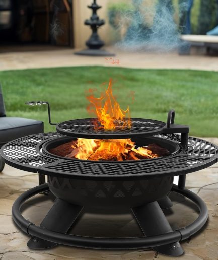 47 Inch Fire Pit for Outside, Wood Burning Firepit with BBQ Grill, Outdoor Metal Fire Pits, Heavy Duty Large Firepits for Backyard, Bonfire, Patio, Party, Picnic, Family Gathering
