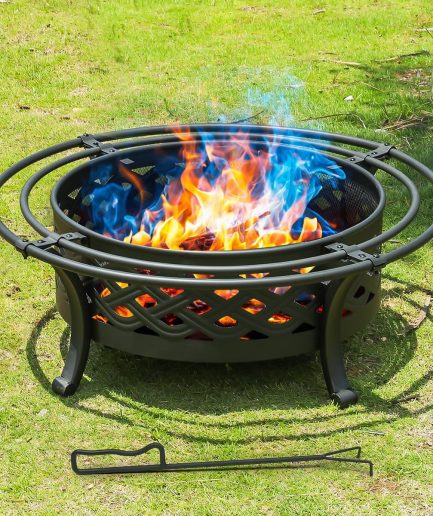 36 Inch Fire Pit with 2 Loops,Crossweave Wood Burning Fire Pits for Outside,with Spark Screen,Fire Poker,Round Outdoor Firepit for Patio,Yard,Garden,Camping,Bonfire(36''Black)