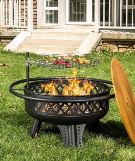 32 Inch Outdoor Fire Pit with Grill, Wood Burning Firepit for Outside with Lid/Fire Poker, Metal Round Fire Pit Table for Patio Backyard Garden Bonfire Party