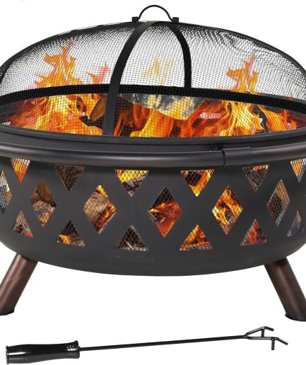 Outdoor Fire Pit - Wood-Burning Fire Pit for Outside with Spark Screen, Poker and Round Cover - 36-Inch - Black