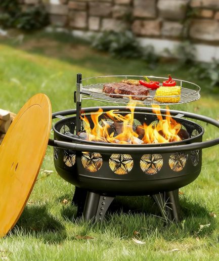 32 Inch Fire Pit with Swivel Cooking Grate,3-in-1 Wood Burning Firepit with Grill,Outdoor Fire Pits Table with Metal Lid and Poker for Outside Patio Backyard BBQ Bonfire Camping (32 Inch)
