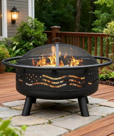 32 Inch Fire Pit with Mesh Cover & Poker, Round Metal Wood Burning Outdoor Firepit for Patio, Garden, Backyard, Bonfire, Ideal for 4th of July, Memorial Day, Christmas