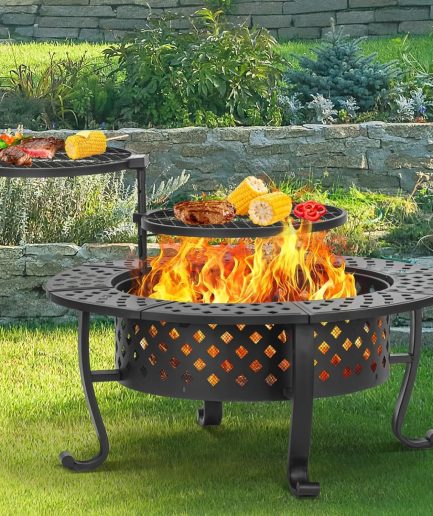 42 Inch Fire Pit with 2 BBQ Grills, Wood Burning Fire Pits for Outside with Lid & Fire Poker, BBQ& Outdoor Firepit & Round Metal Table 3 in 1 for Patio, Picnic, Party