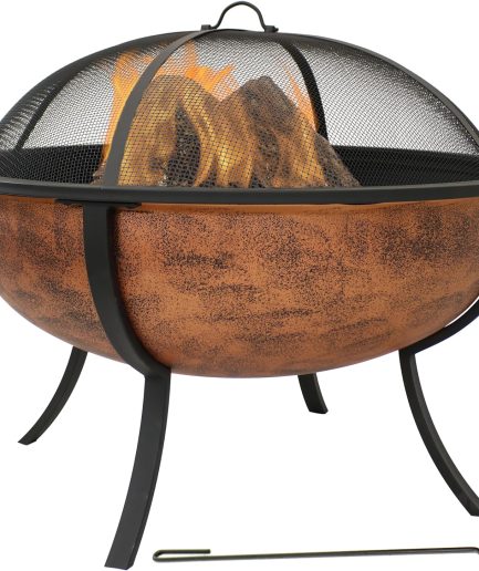 32-Inch Copper Fire Pit for Outside - Wood-Burning Fire Pit Bowl with Spark Screen, Wood Grate, and Poker