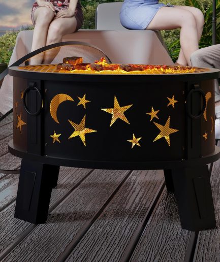 26" Outdoor Fire Pit with Grill & Mesh Cover, Wood Burning Steel Firepit with Poker & Star Spark Screen, Heavy Duty Patio Fire Bowl for Backyard, Camping & Garden
